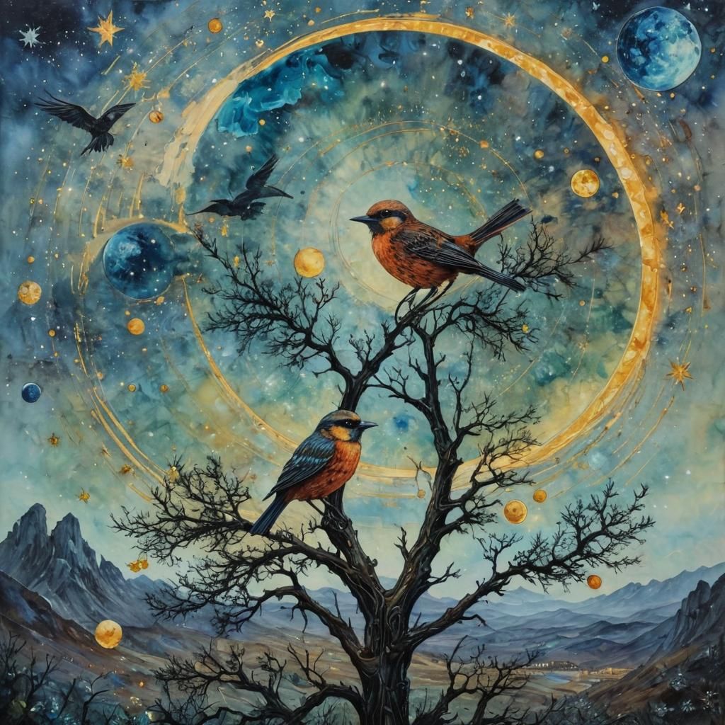 Surreal Birds, Planets and Stars in Impressionistic Style