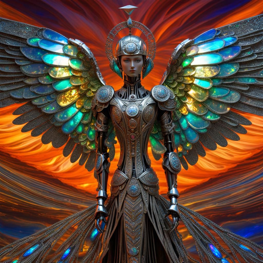 Robot Angel with Iridescent Metallic Wings