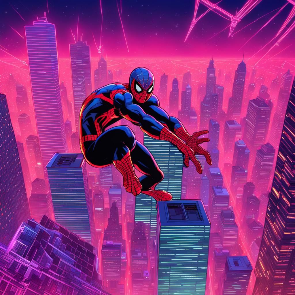 Spiderman in Synthwave Neon Cityscape