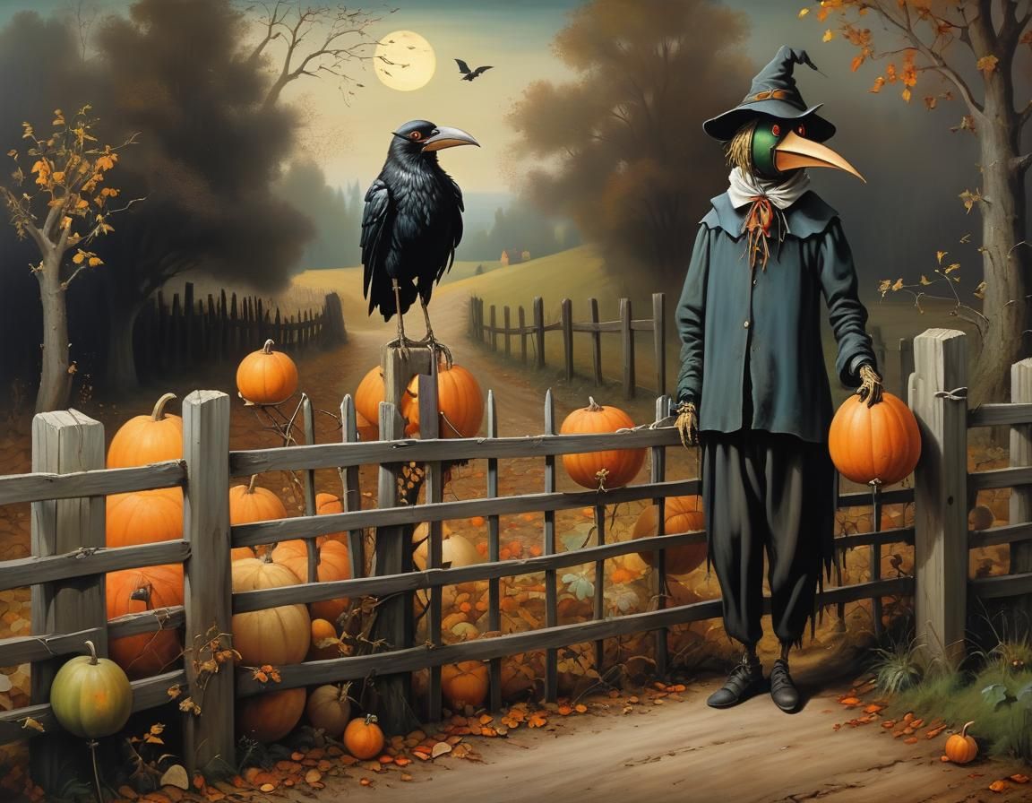 Surreal Scarecrow and Crow on Medieval Road