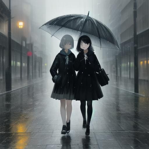 Fashionable Women Walking in Rainy Street, Acrylic Painting