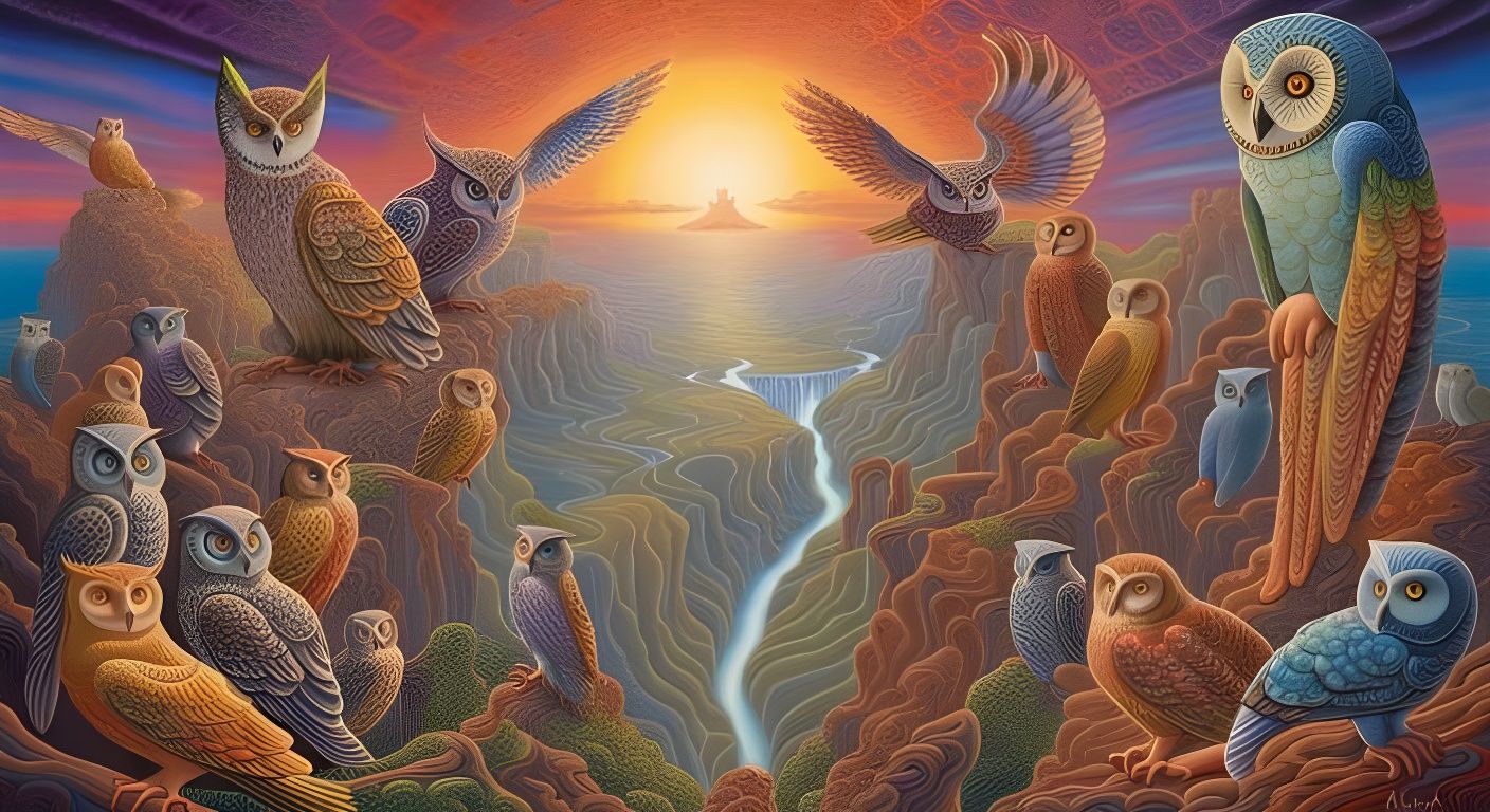 Surreal Domain of Owls in Psychedelic Landscape