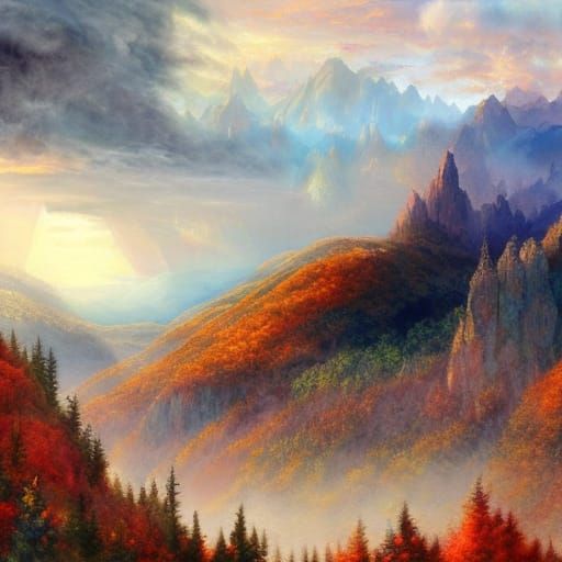 Autumnal Mountains at Evening in Expressionist Style