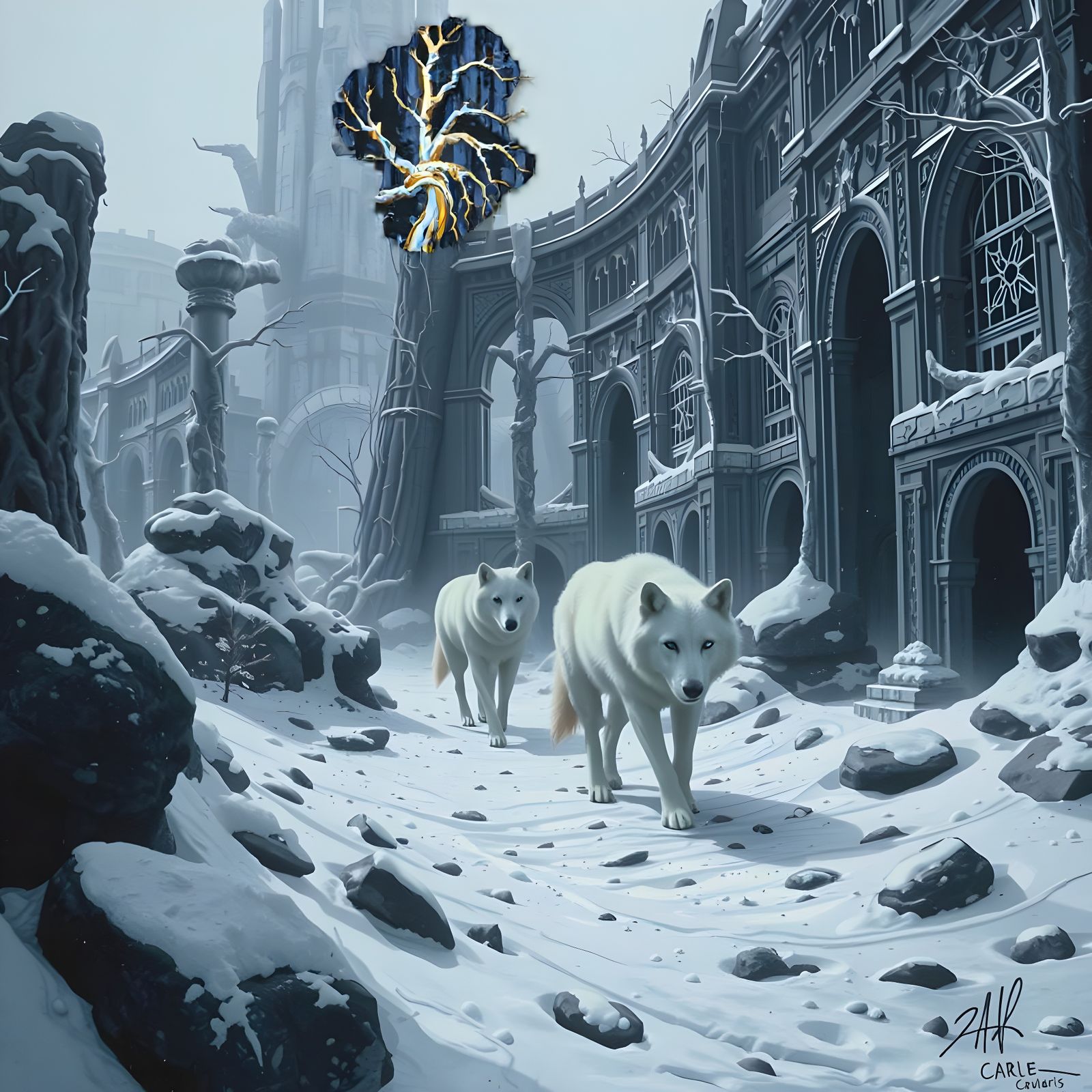 Ethereal White Wolves in a Fantasy Forest