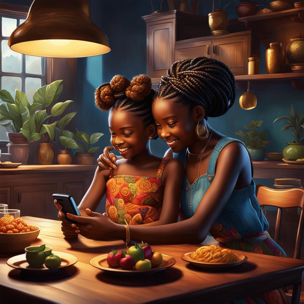 African Mother and Daughter Using Phone, Digital Art