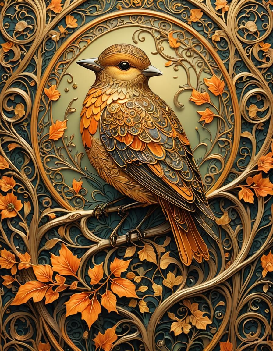 Fiery Bird on Branch in Art Nouveau Style