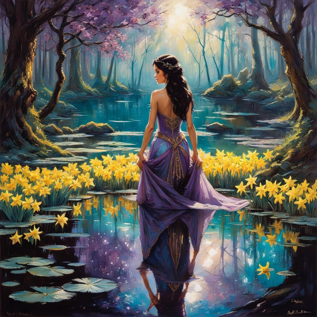 Princess Jasmine Mirrored Reflection in Fantasy Forest