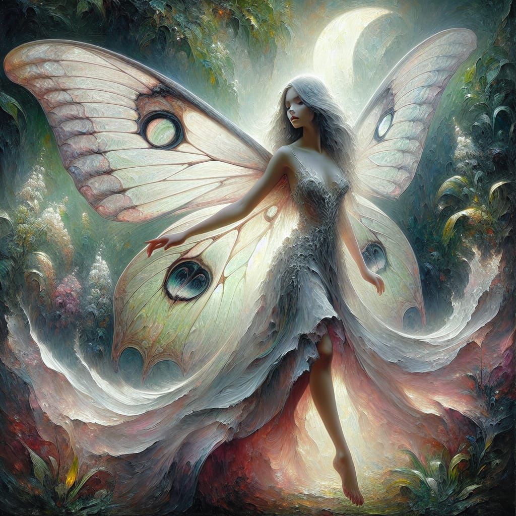 Ethereal Fairy with Luna Moth Wings in Impressionistic Style