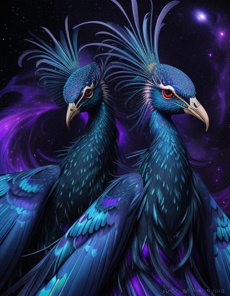 Cosmic Surrealist Masterpiece: Iridescent Peacocks Amidst Gr...