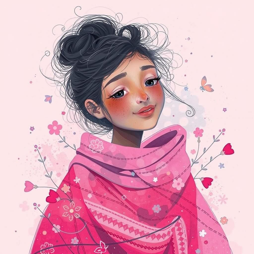 Dreamy Pink Haired Girl in Folk Art Style