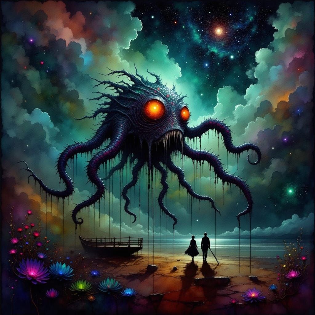 Bioluminescent Cosmic Horror in Dark Surrealism Style