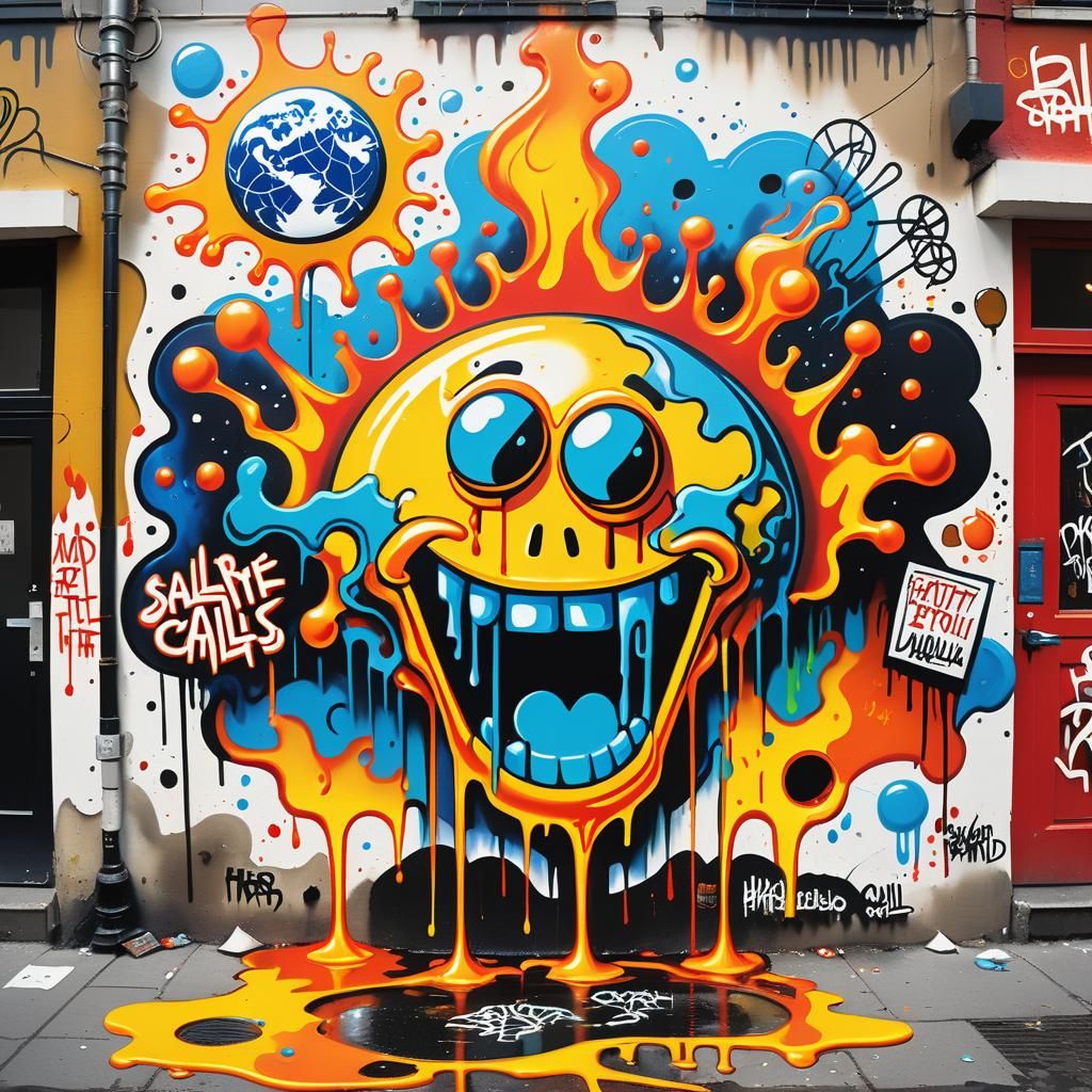 Fiery Earth Graffiti Art in Surrealist Style