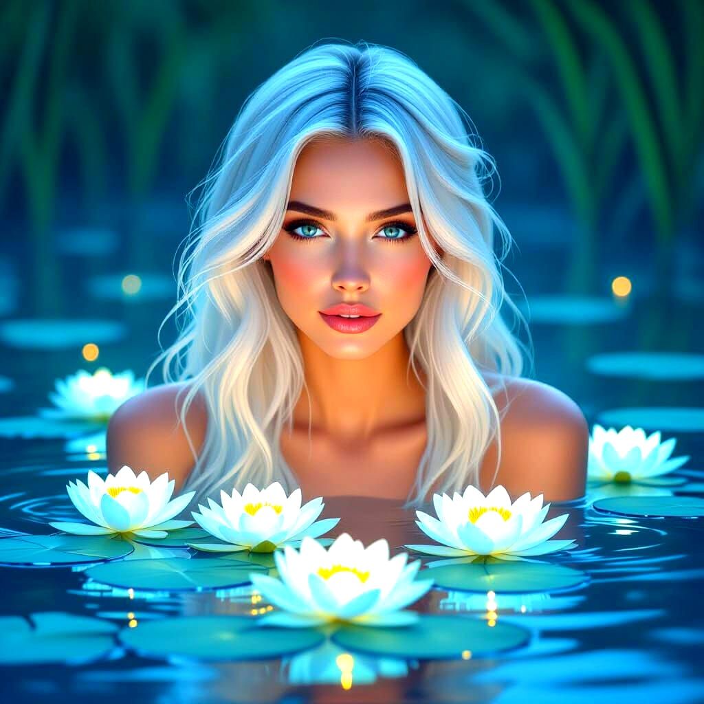 Bioluminescent Water Lily Woman: Hyperrealistic Splash Art P...