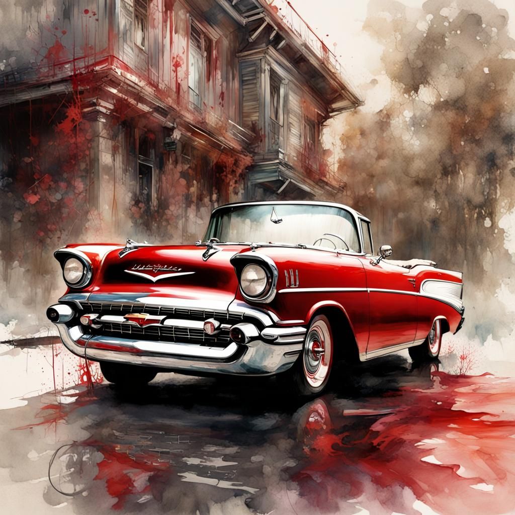 Red 1957 Chevy in Stylized Watercolor Art