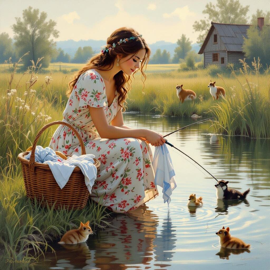 Serene Woman Fishing by Rural Pond in Realistic Style