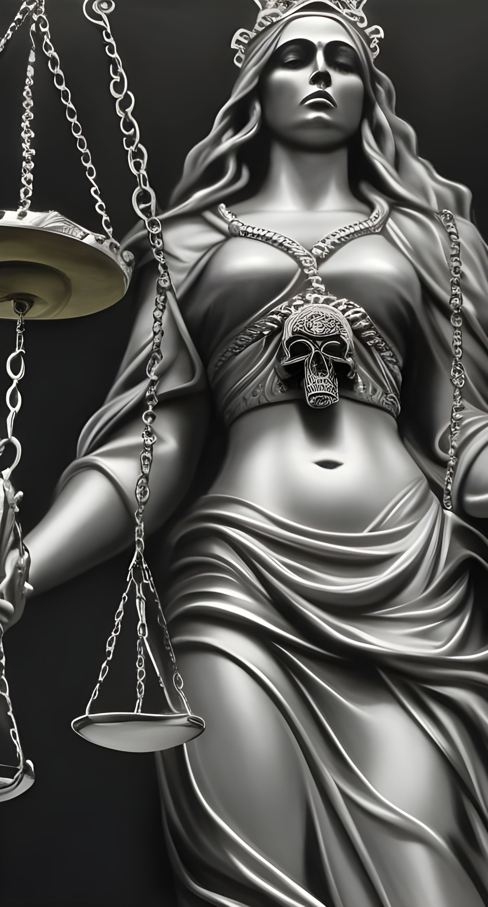 Lady Justice Surrounded by Skulls in Charcoal