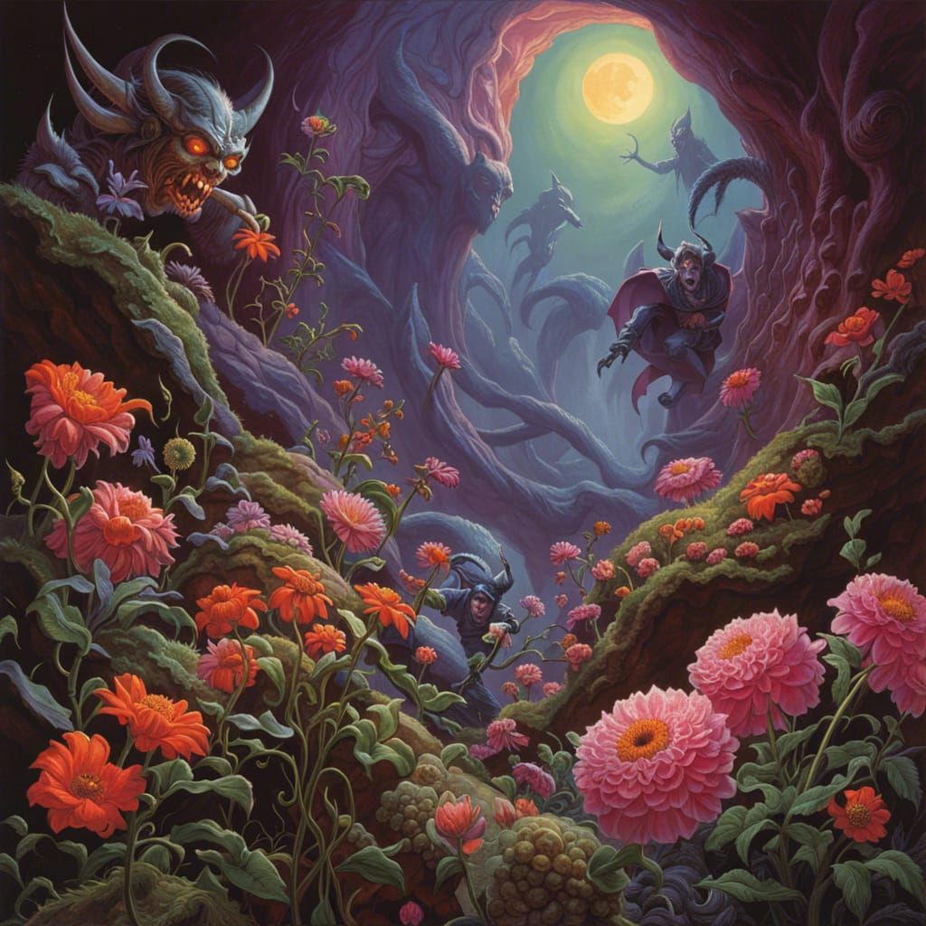 Surreal Flowers Demon Underworld Illustration