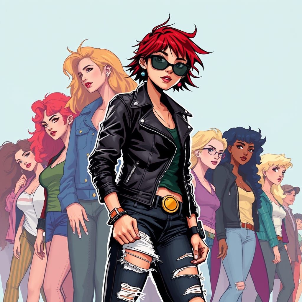 Biker Girl Surrounded by Women in Vibrant Scene