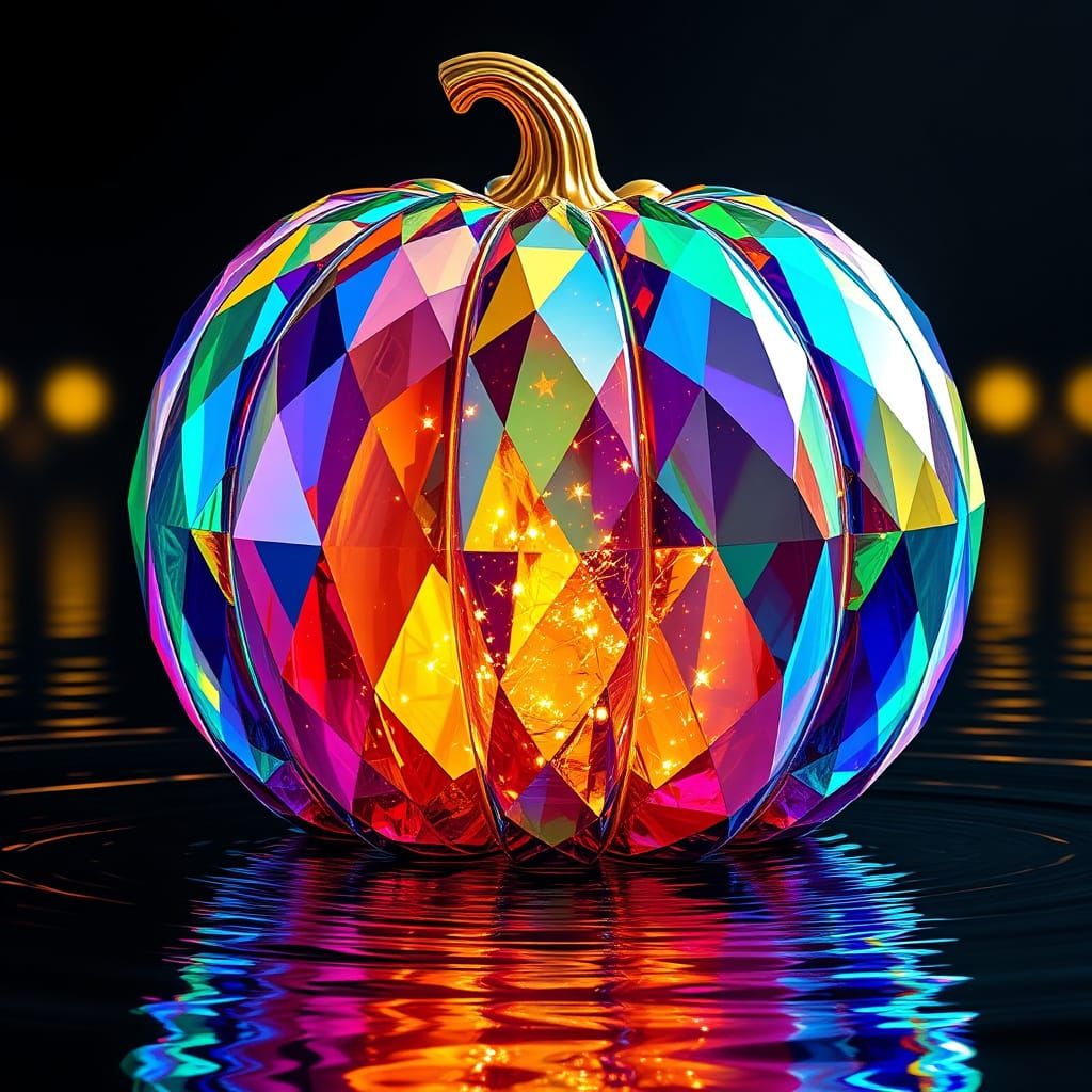 Rainbow Glass Pumpkin with Twinkling Lights and Gold Stem