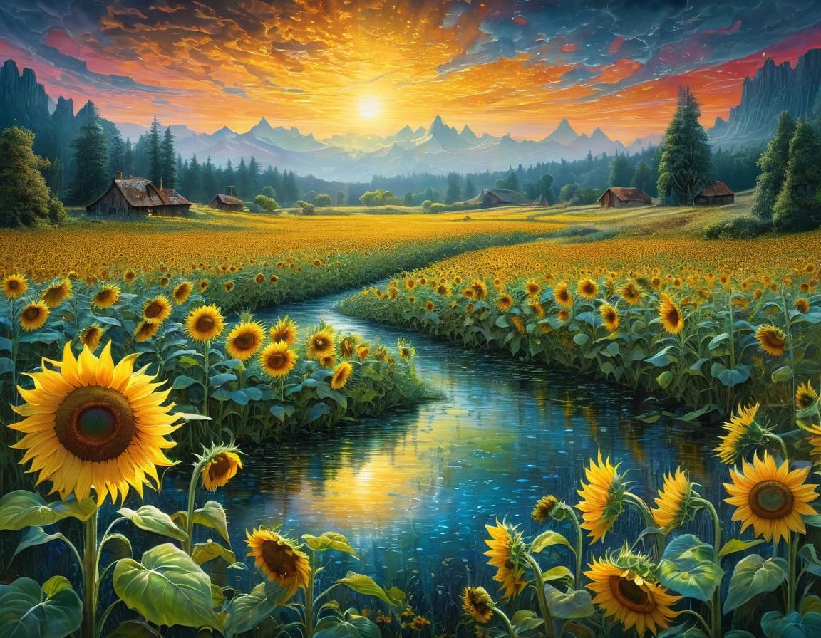 Sinister Sunflowers in a Surreal Watercolor Meadow