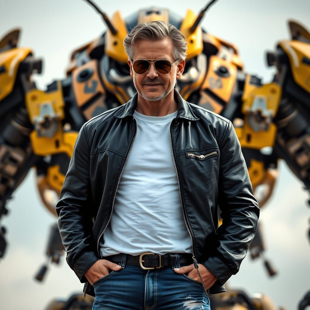 Confident Man and Giant Robot in Cinematic Style