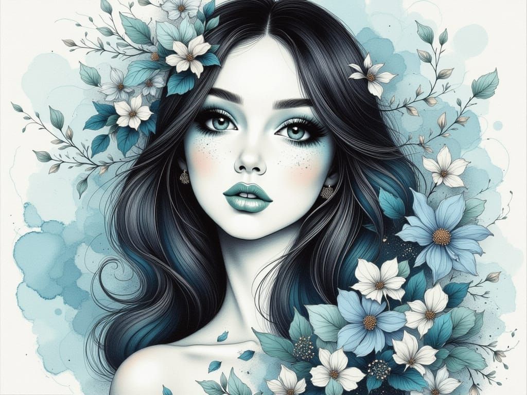 Pretty Woman with Black & White Hair and Blue Flowers