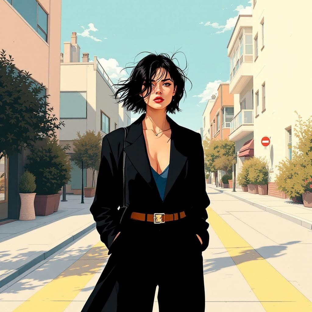 Woman Walking in Sunlit Street, Vector Art Style