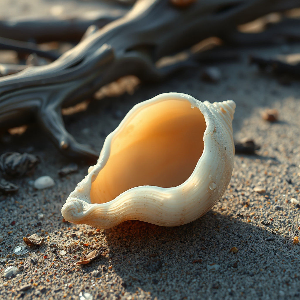 Translucent Seashell on Driftwood Beach: Impressionist Style