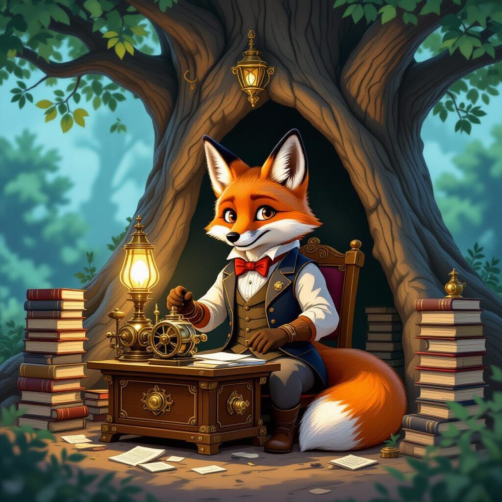 Victorian Fox Operates Secret Steam Press in Hidden Den