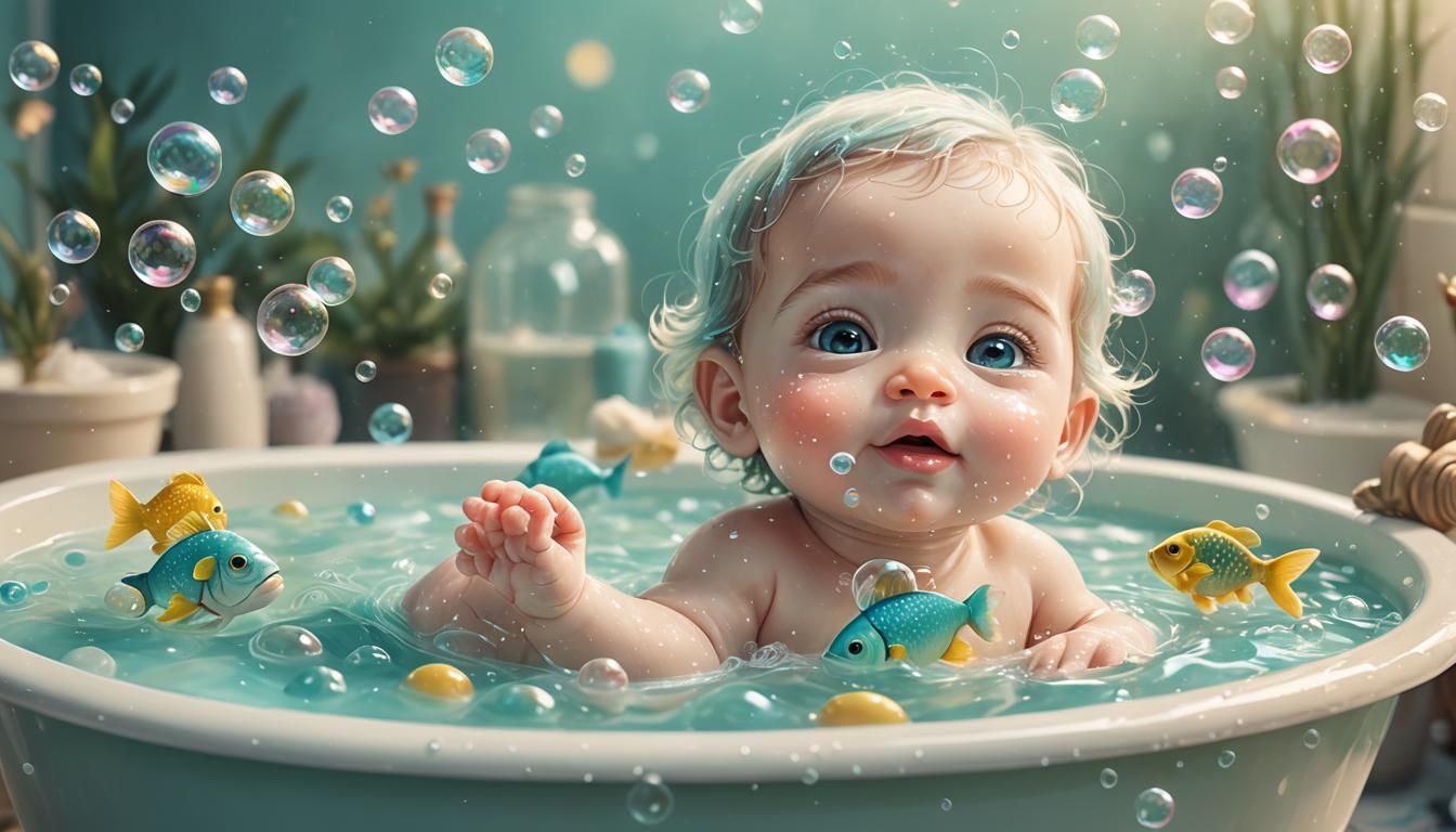 Whimsical Baby Bathing with Bubbles and Fish