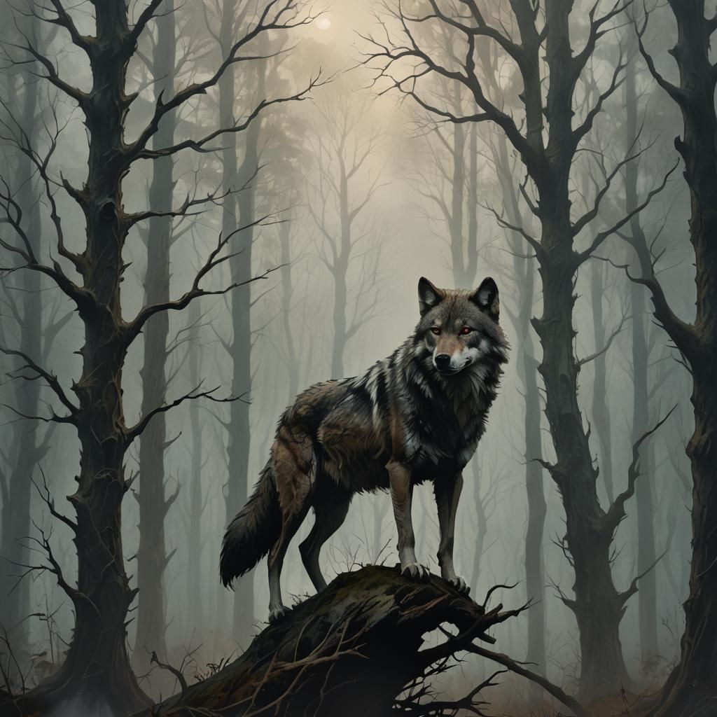 Wolf Gazes into Ominous Forest: Moody Oil Painting