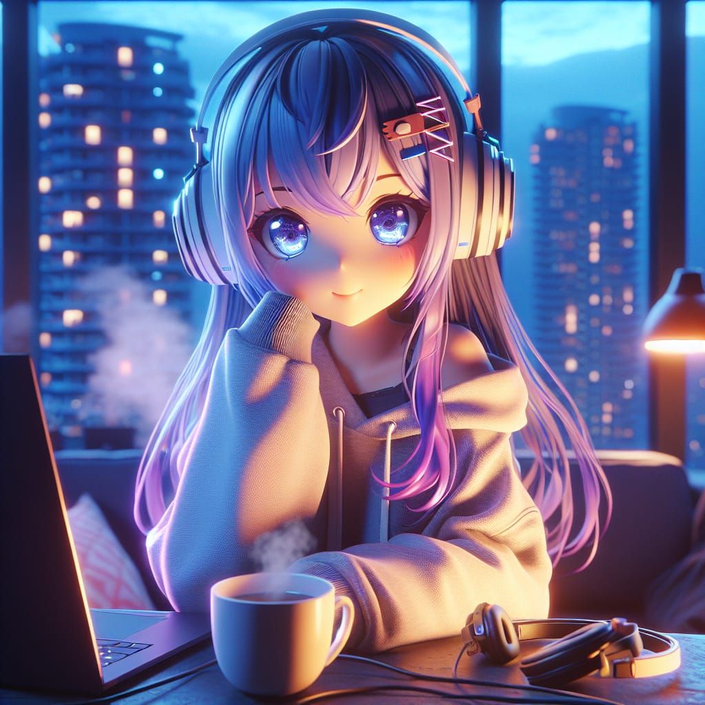 Adorable Anime-Inspired Woman in Cozy Gaming Scene