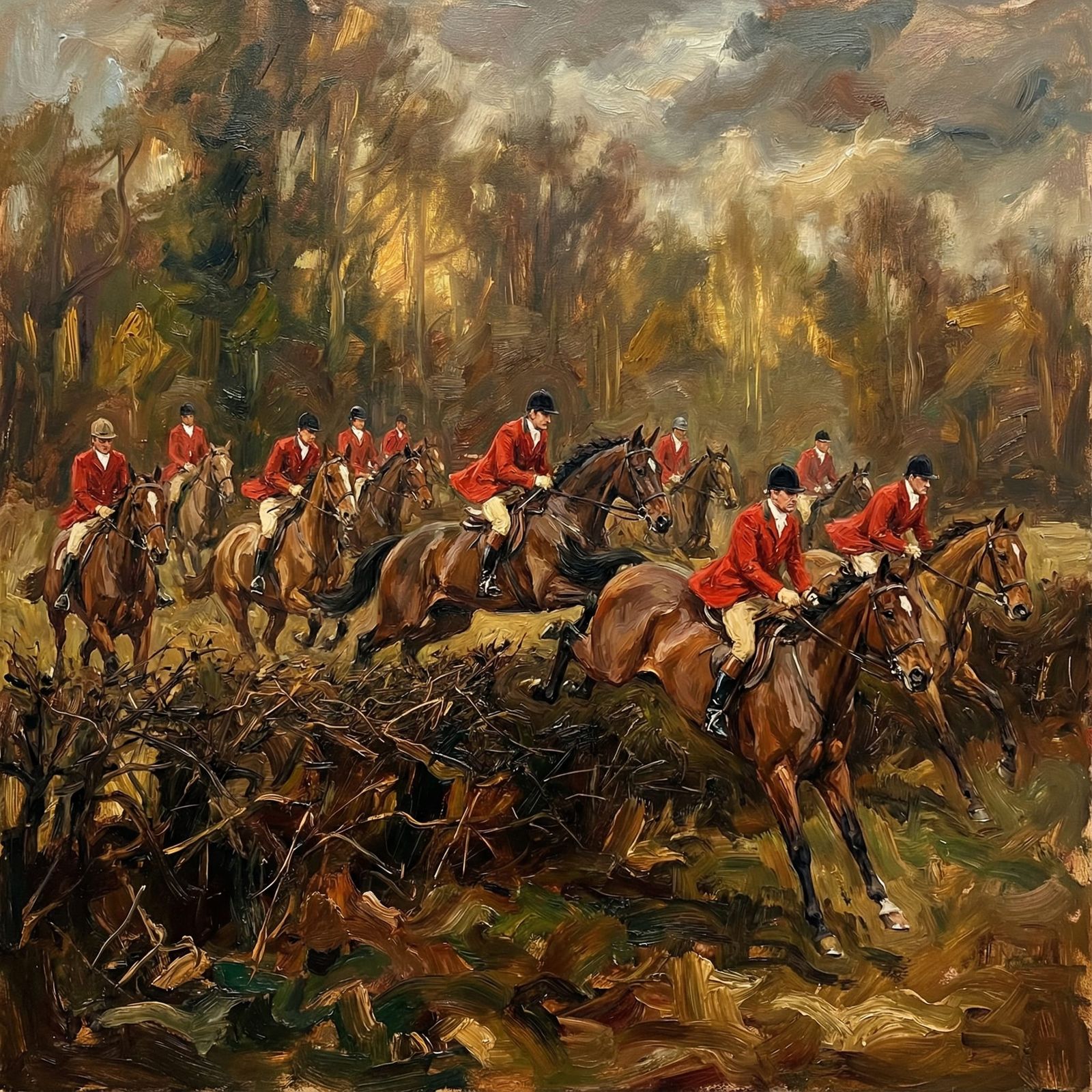 Noblemen Leaping Hedges in Action Painting Style