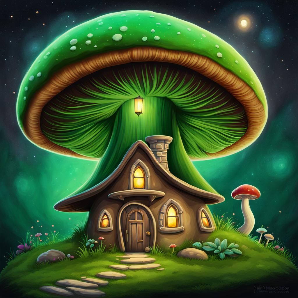 Fantasy Mushroom House Floating on Space Island
