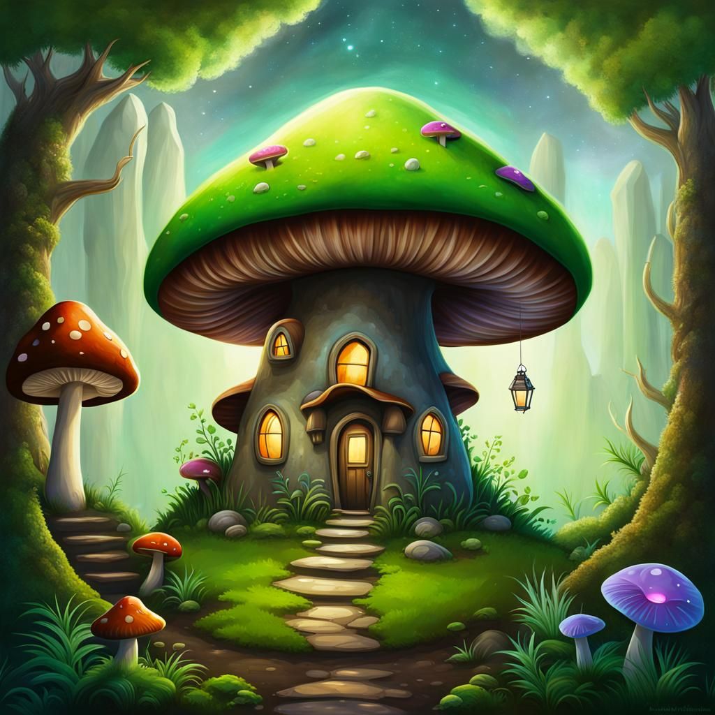 Fantasy Mushroom House Floating in Space