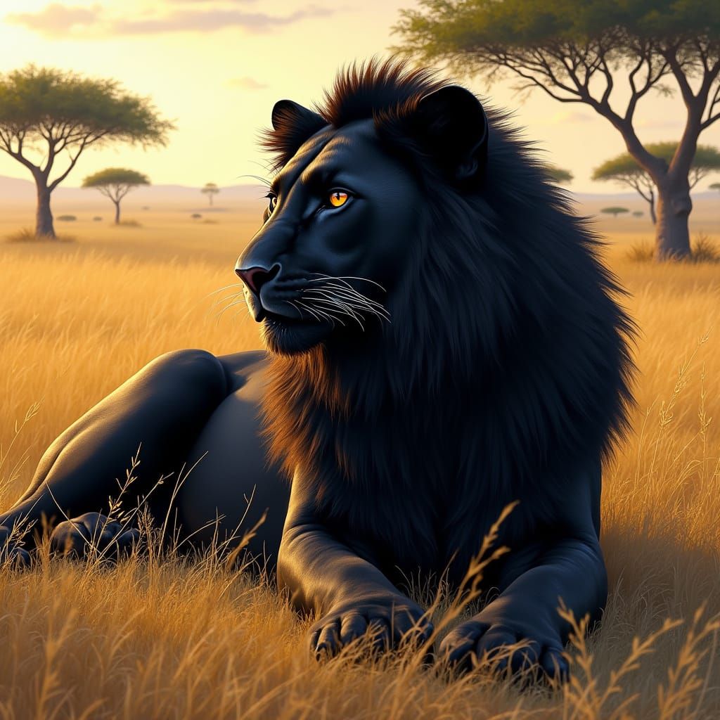 Majestic Panther-Lion Hybrid in Savannah Landscape