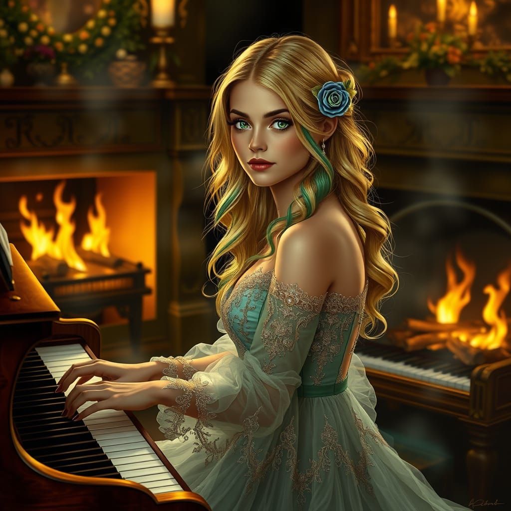 Ethereal Woman Plays Piano in Whimsical, Surreal Scene