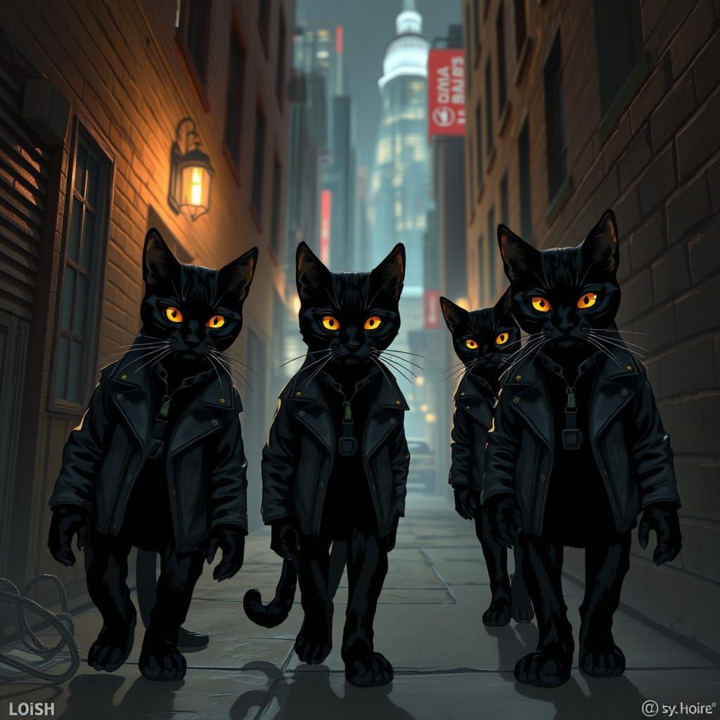 Black Cats in NYC Alleyway in Futuristic Noir Style