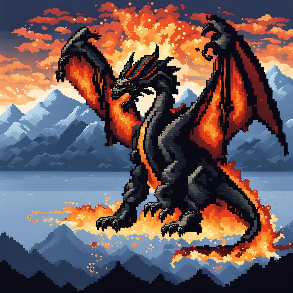 Pixel Art Dragon Protecting Village