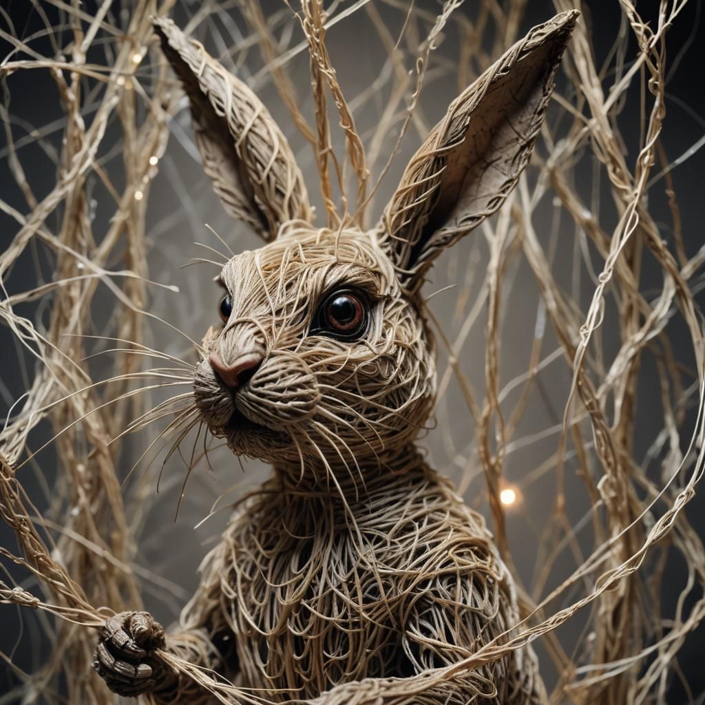 Surreal String Rabbit Sculpture in Mixed Media Style