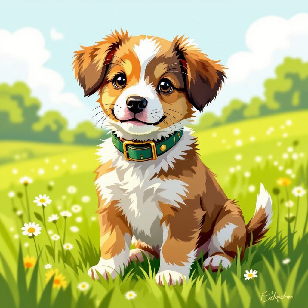 Playful Puppy in Grassy Field, Beatrix Potter Style