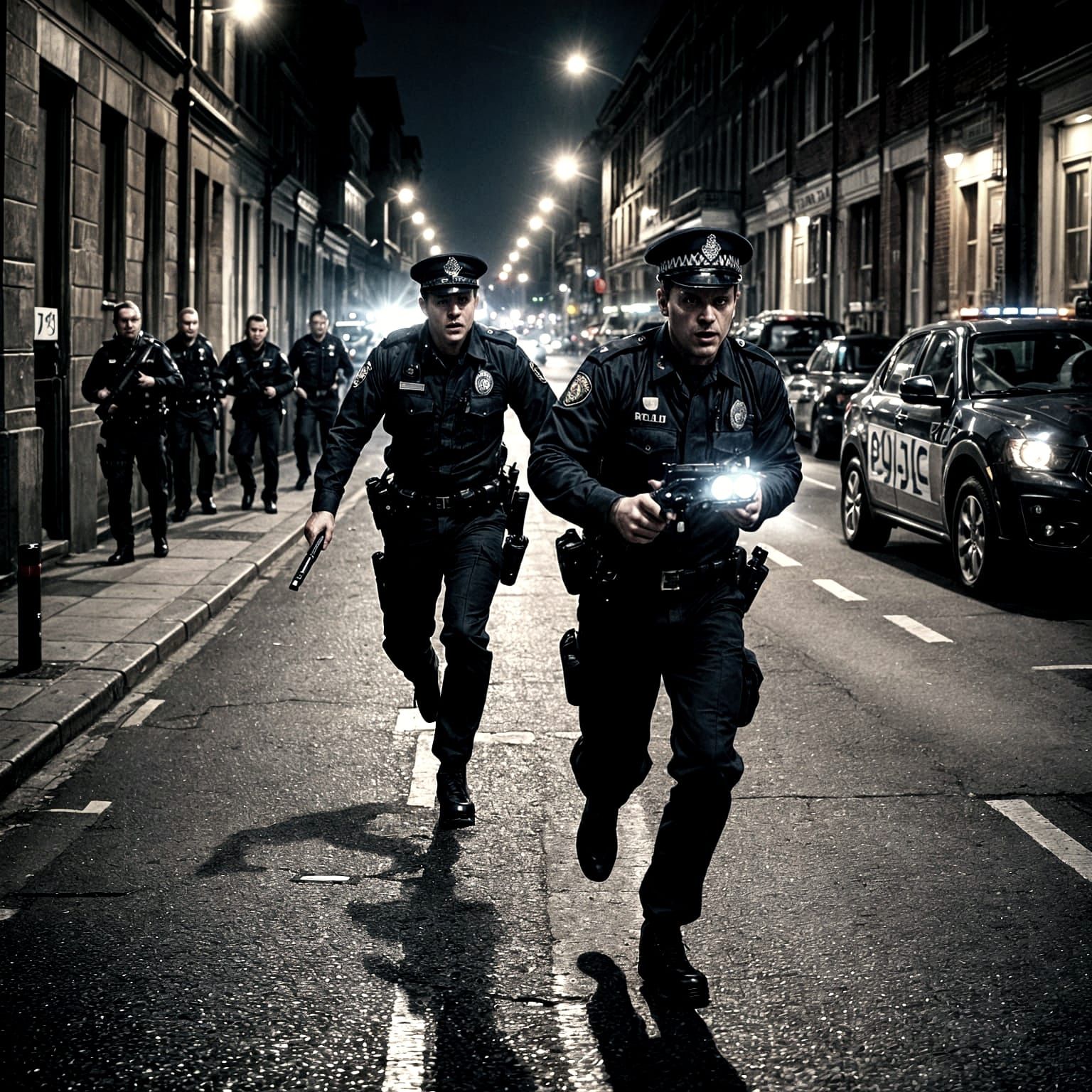 Dramatic British Police Car Chase: Cinematic Film Still