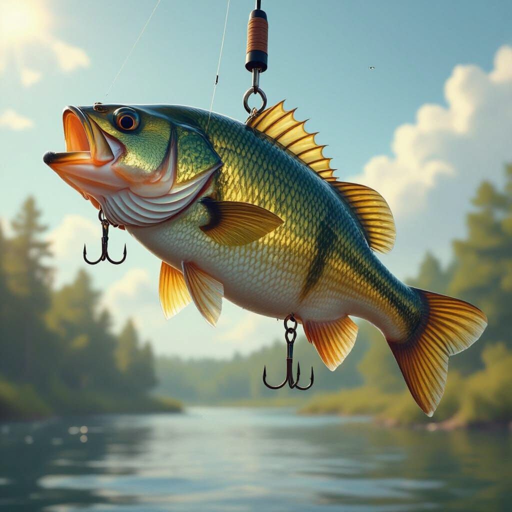 Bass Fish Suspended from Hook: Photorealistic Art