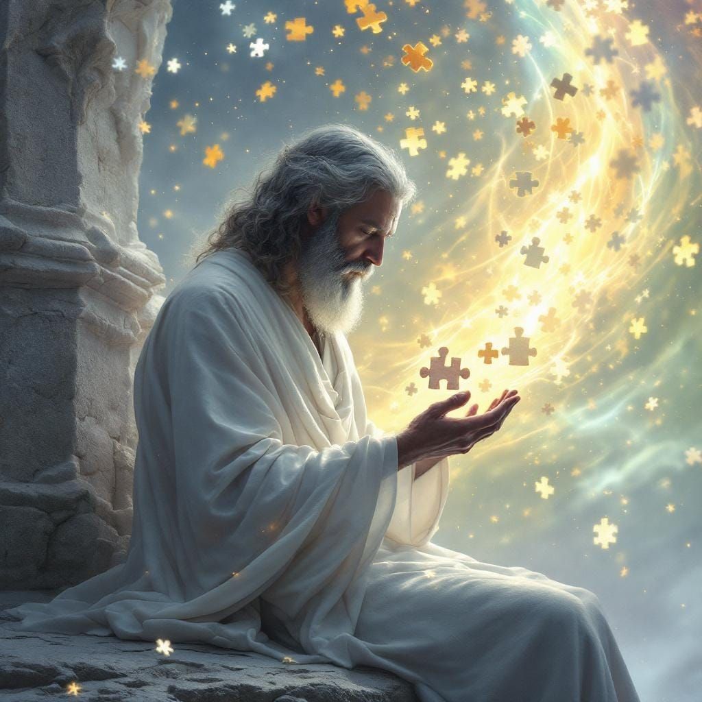 Heavenly God Assembling a Glowing Puzzle