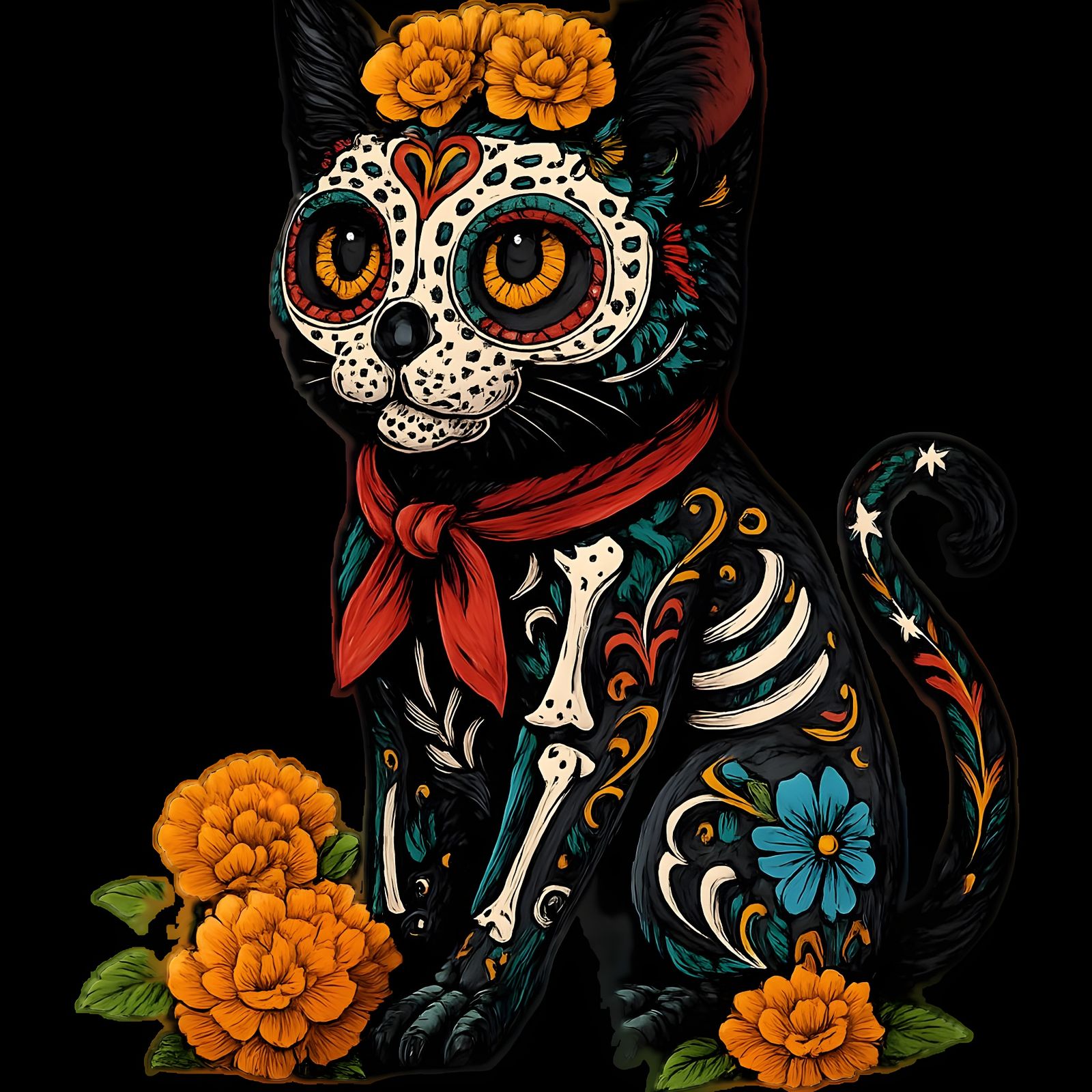 Dia de los Muertos Cat with Marigolds