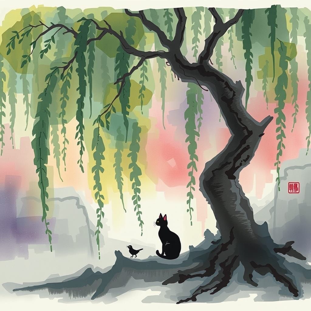 Delicate Cat Silhouette in Chinese Ink Wash Style