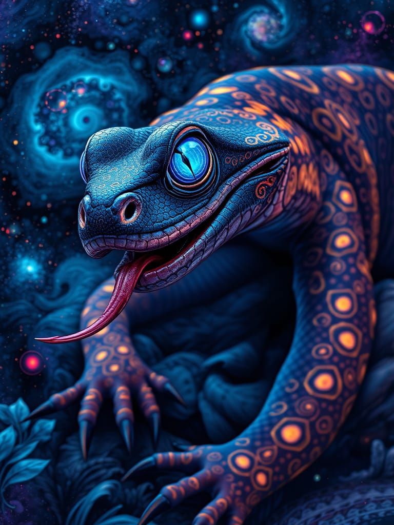 Cosmic Skink Ascending Through Bioluminescent Nebula