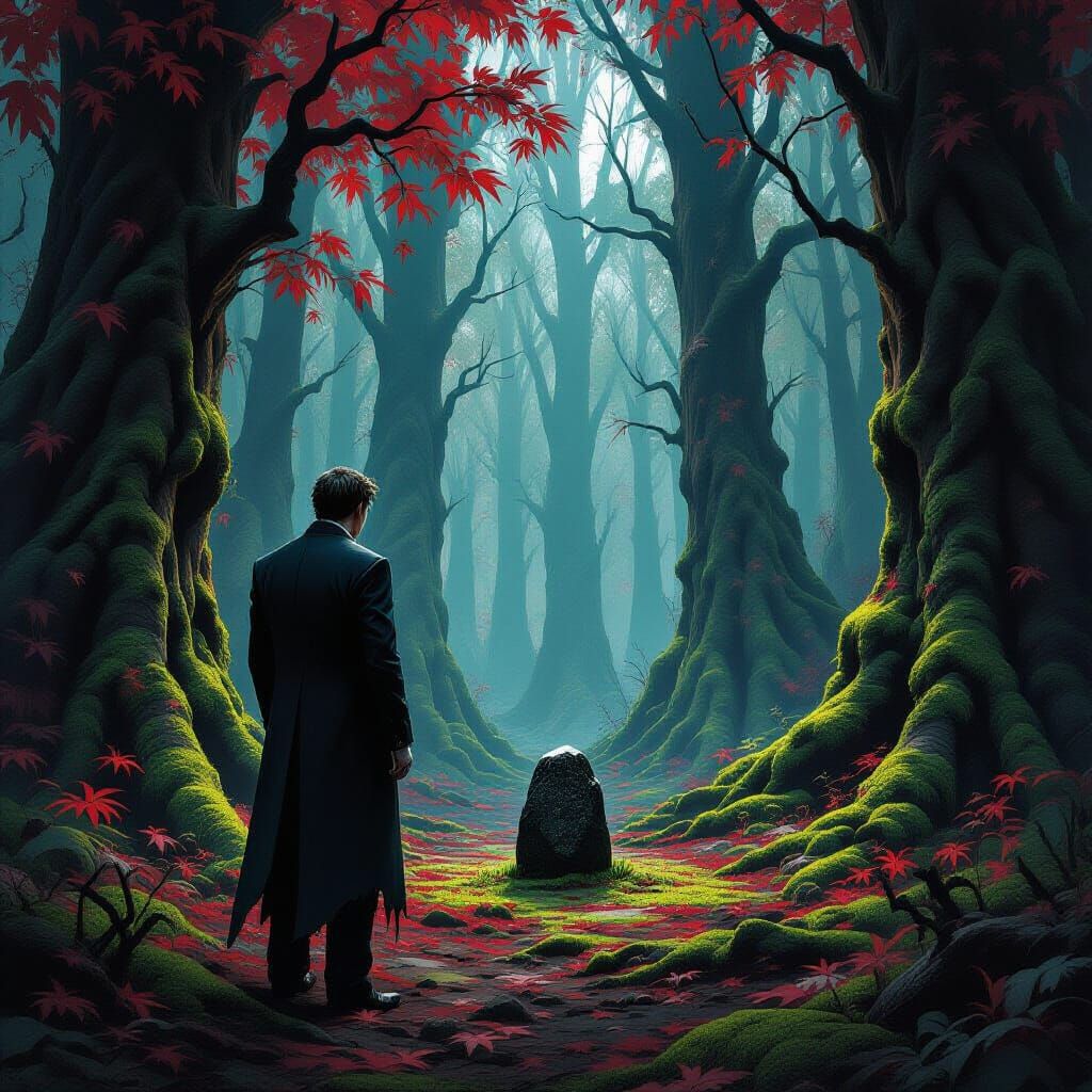 Man in Tattered Suit in Eerie Fantasy Forest