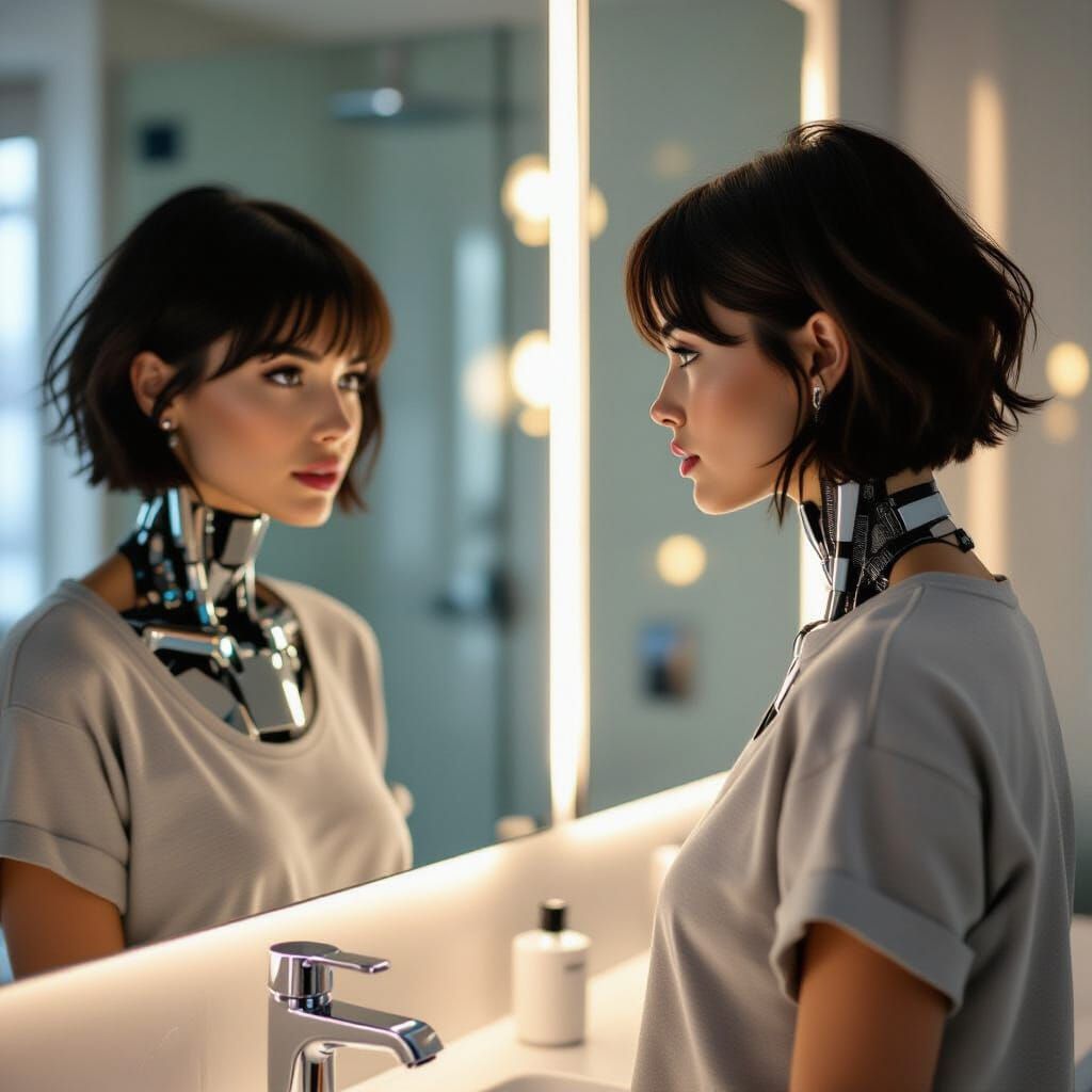 Woman and Cyborg Reflection in High-Contrast Style