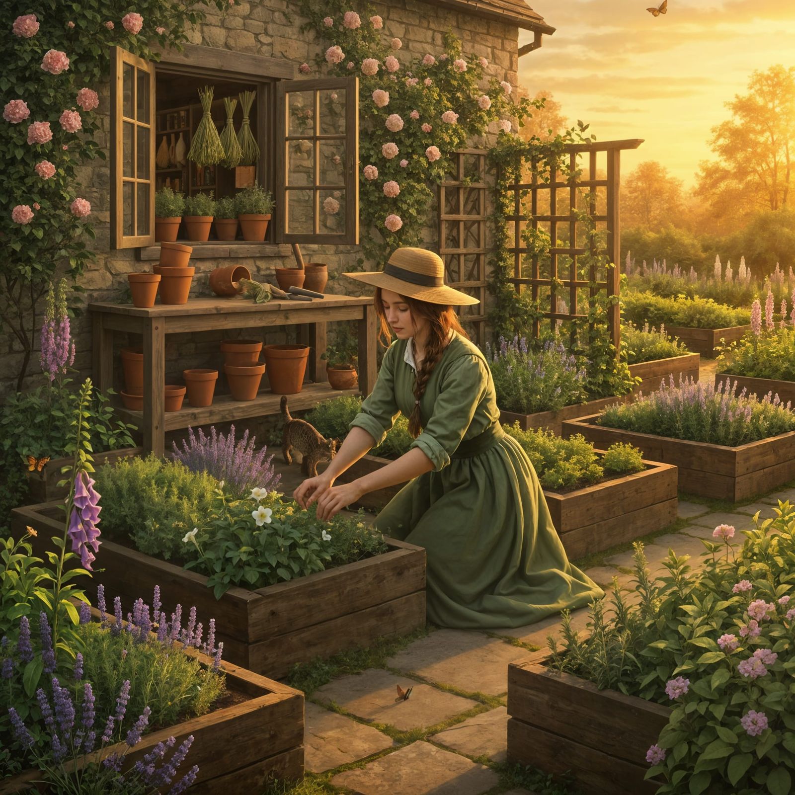 Romantic Pre-Raphaelite Witch Tending Enchanted Garden